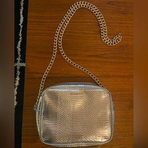 Silver snake embossed bag with gold chain strap